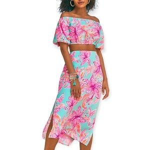 LILLY PULITZER Esmeray Set Surf Blue Bonita Blooms Skirt Puff Sleeve Crop Top